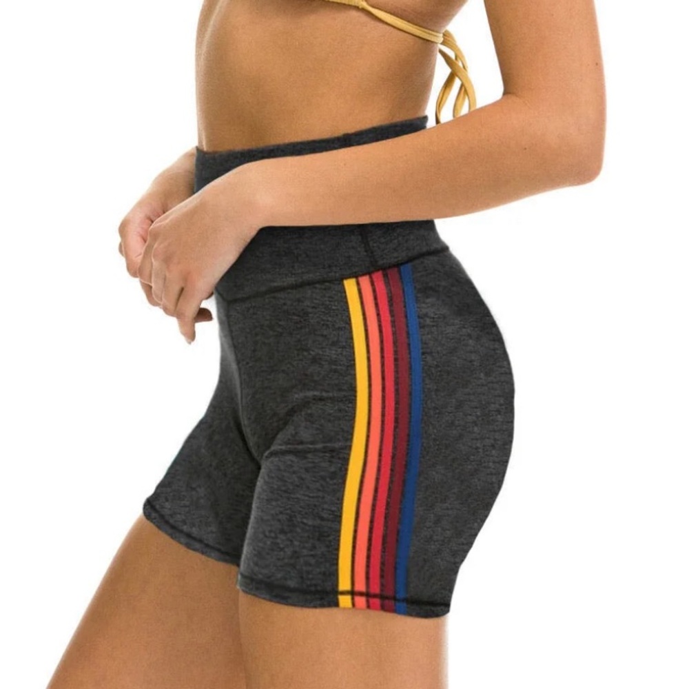 Aviator Nation Gray and Red Athletic Shorts High-Waisted Compression Fit